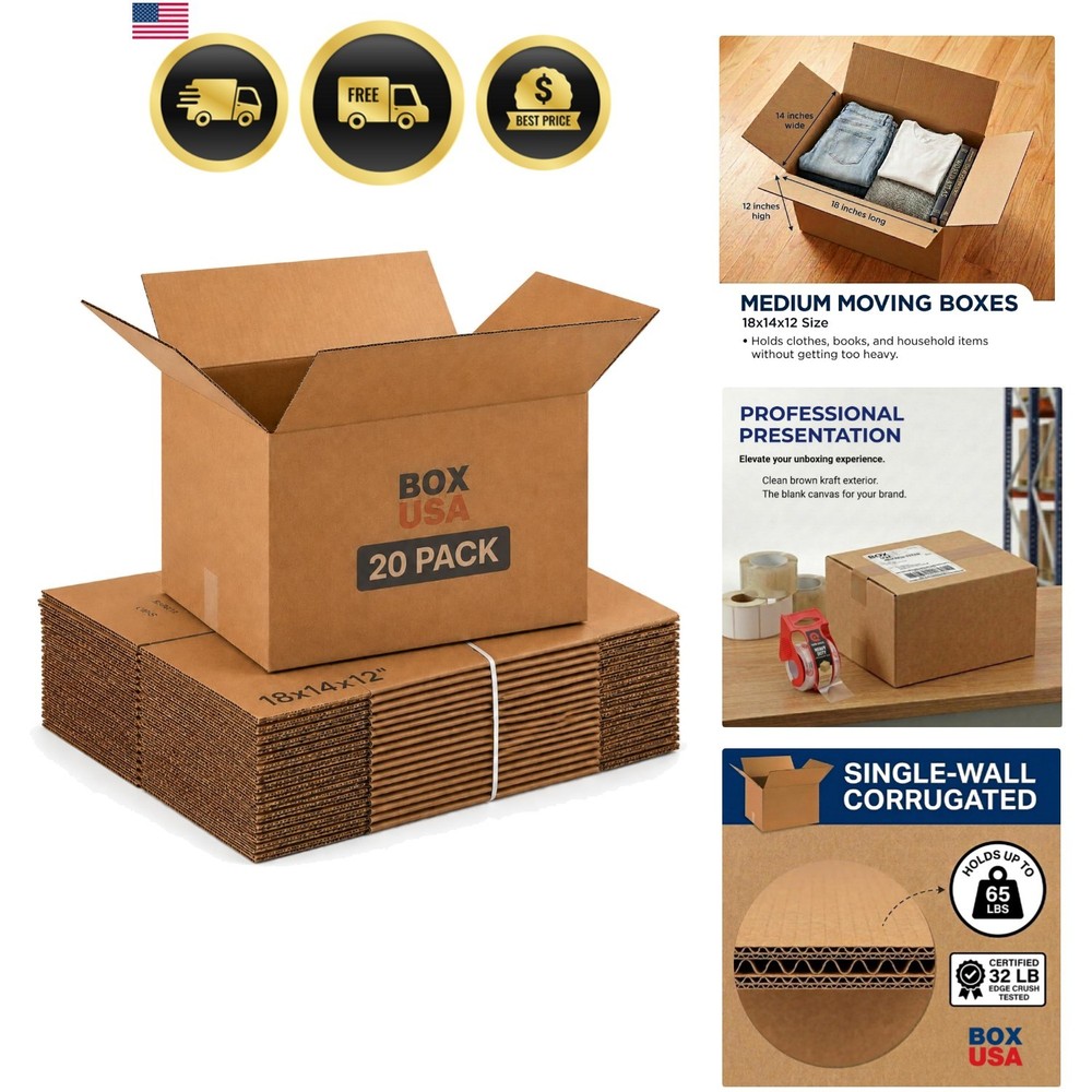 Moving Boxes Medium 18″L x 14″W x 12″H 20-Pack – Corrugated Cardboard Box for…