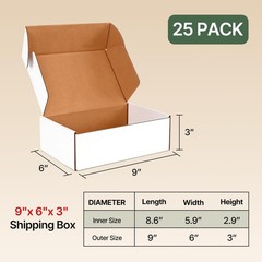 25 Pack 9x6x3 Inch Shipping Boxes White Mailer Corrugated Cardboard Commerce
