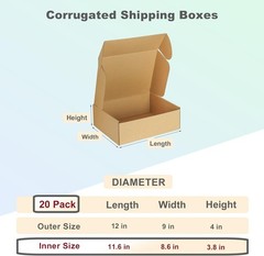 Pack of 20 12x9x4 Inches Corrugated Cardboard Shipping Boxes – Eco-Friendly