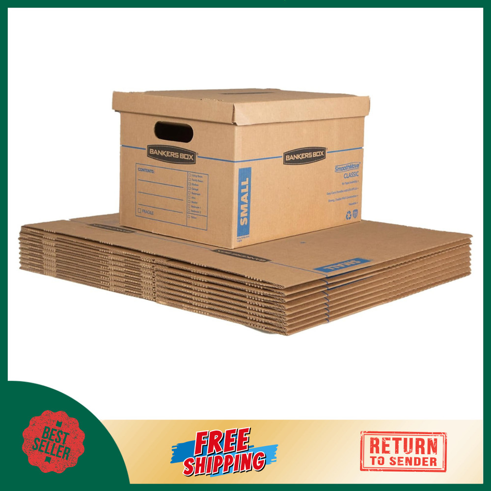 Small Classic Moving Box 10 Pack, Reinforced Handles, Tape-Free Assembly