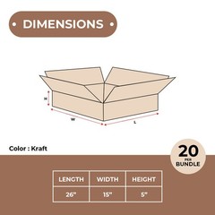 SSBM 20 Corrugated Cartons – Sturdy 26 x 15 x 15 Flat Corrugated Shipping Boxes
