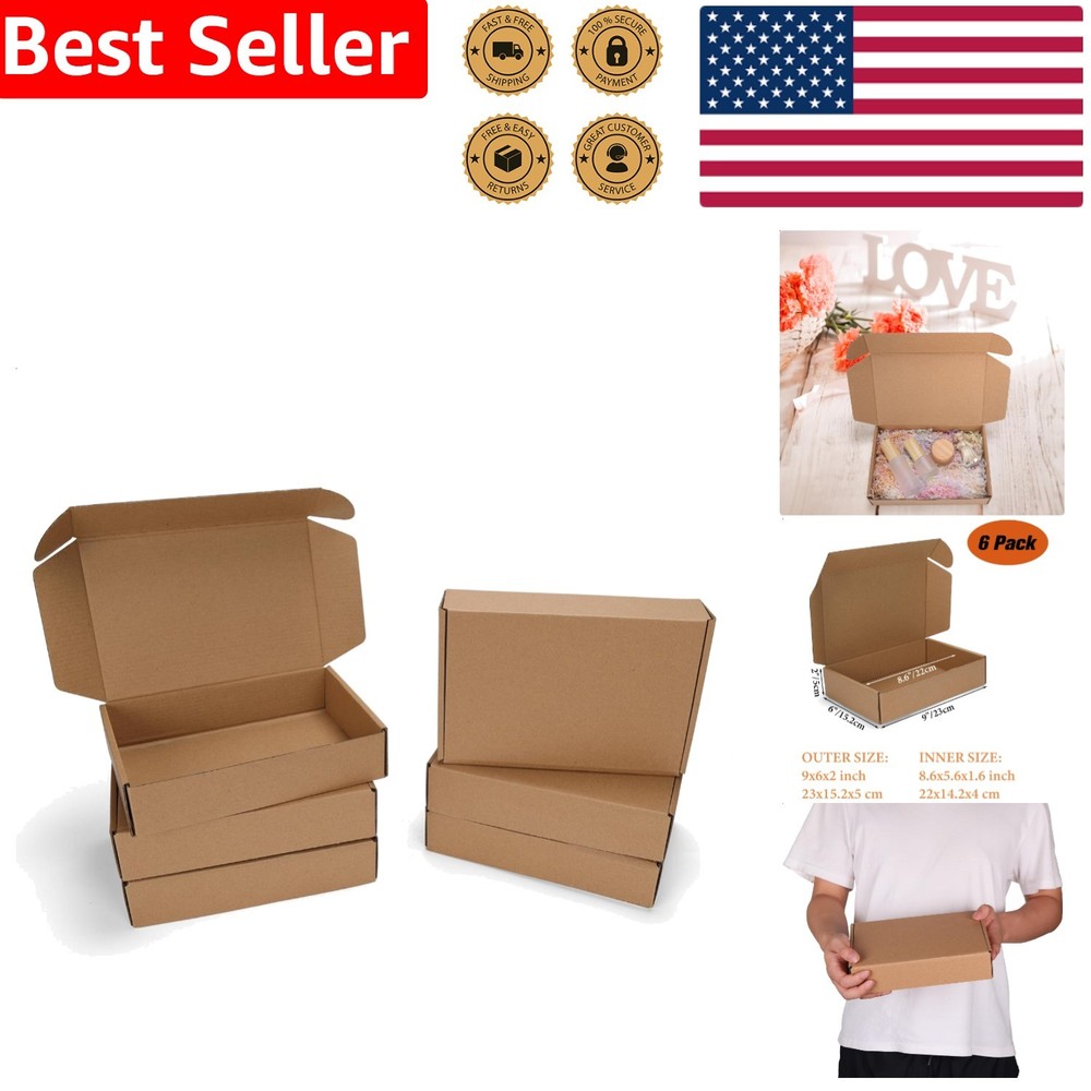 6 Pack 9x6x2 Inch Brown Cardboard Mailing Boxes, Small Business Shipping Mailers