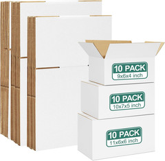 30 Pack Small Shipping Boxes Assorted Sizes, White Corrugated Box Mailers, 9X6X4