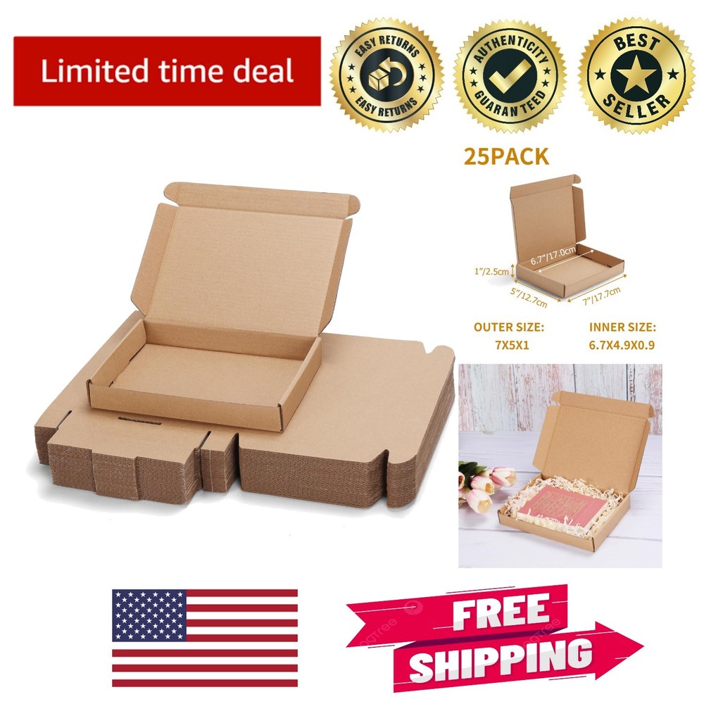 Lightweight 7x5x1 Inch Kraft Brown Shipping Boxes – 25 Pack for Easy Storage