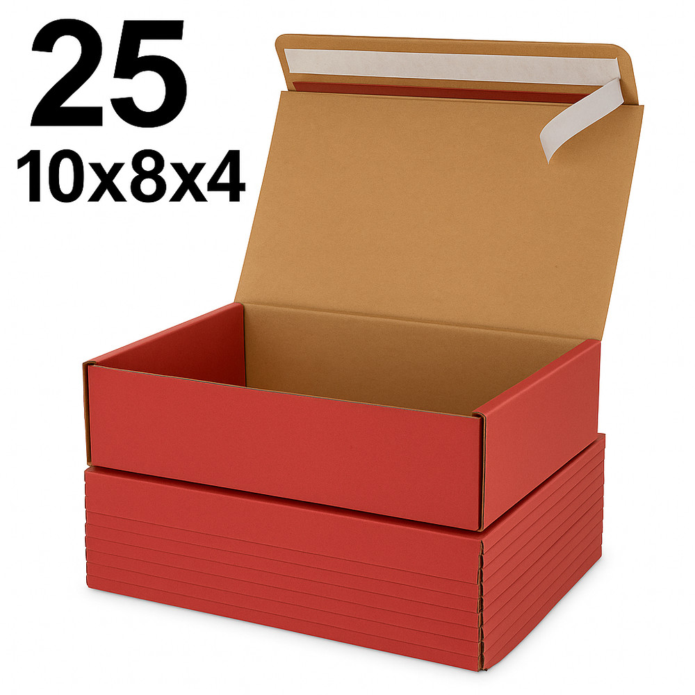 25 Red Shipping Boxes 10x8x4 | Self-Seal Folding Mailers – No Tape Needed