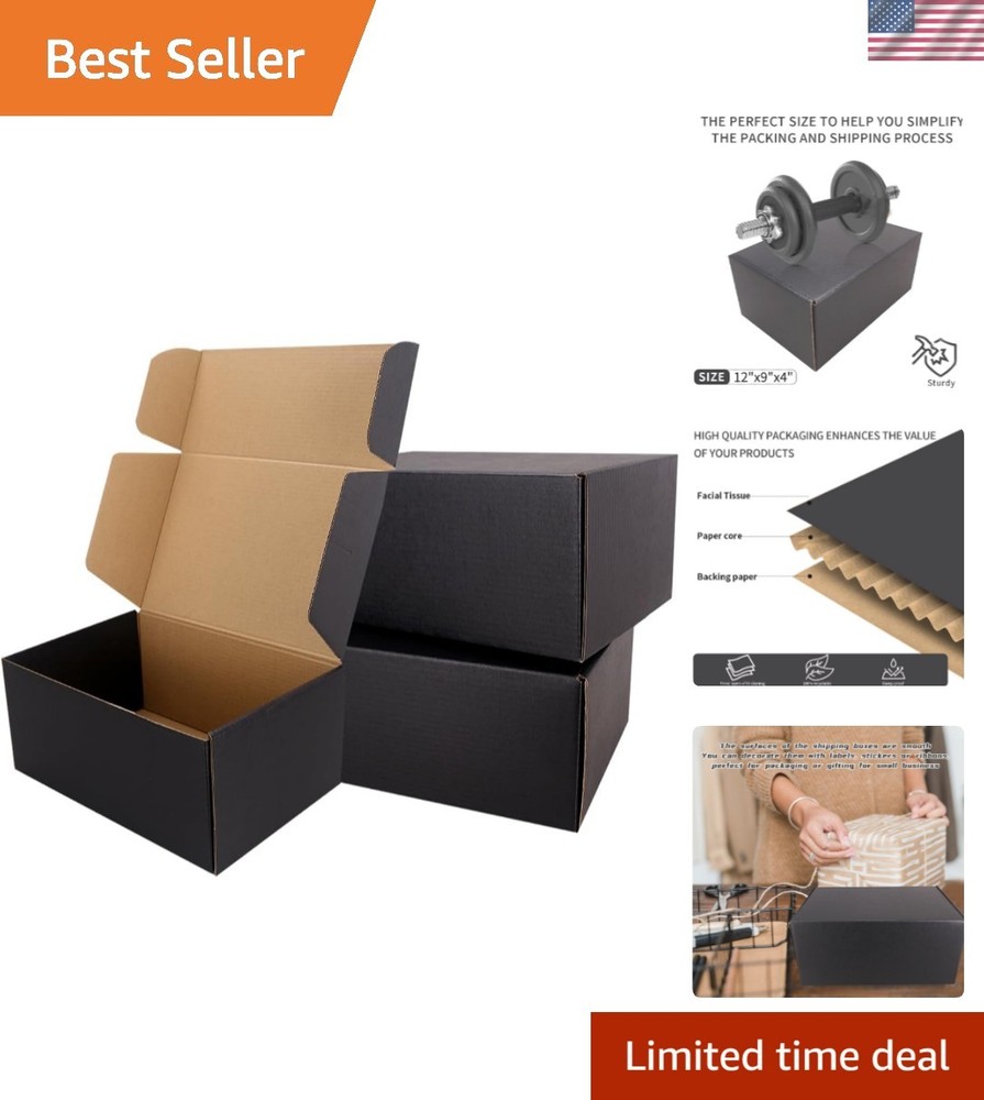 Set of 10 Black Corrugated Shipping Boxes, 12″x9″x4″ with Strong Load-Bearing