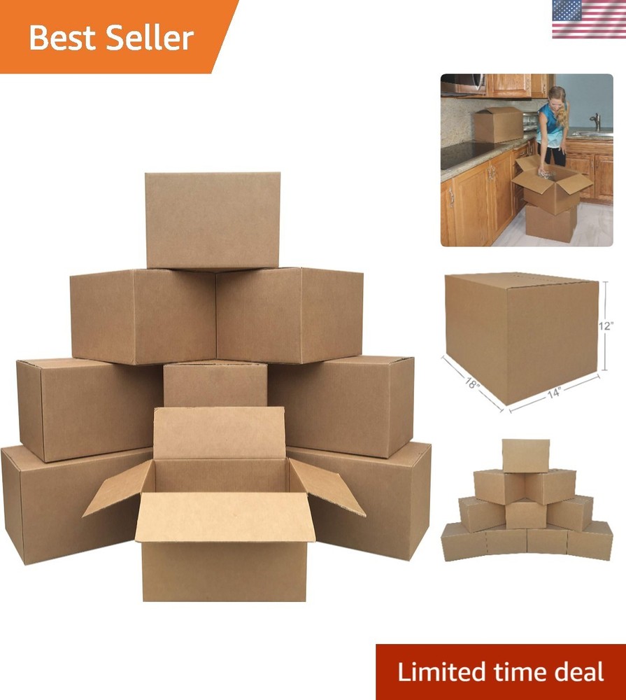 Durable Cardboard Moving Boxes – 10-Piece Set, 18″ x 14″ x 12″ for Packing Needs