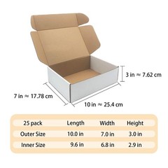 10x7x3 inch Shipping Boxes Set of 25,White Corrugated Cardboard Box for Mailing