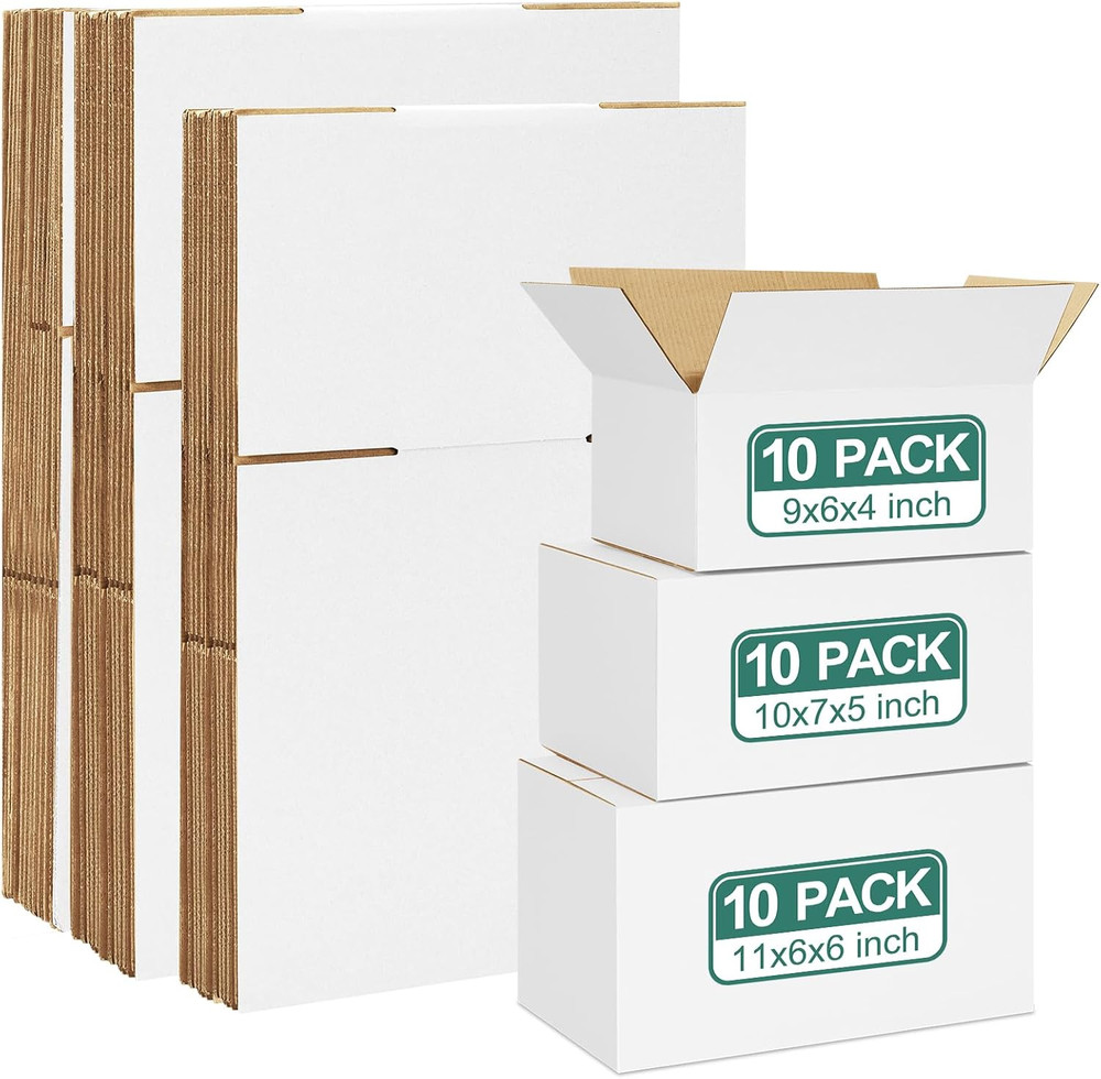 30 Pack Small Shipping Boxes Assorted Sizes, White Corrugated Box Mailers, 9X6X4