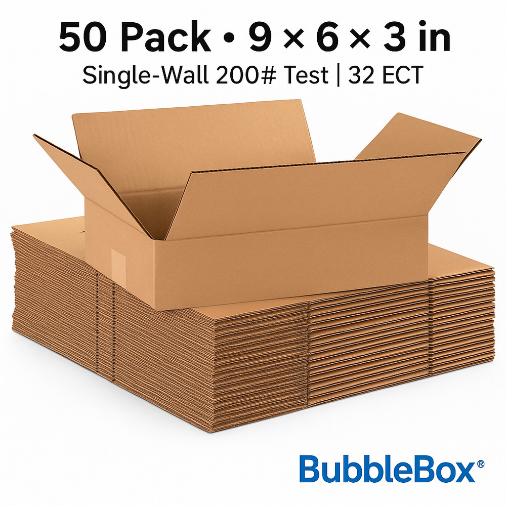 50 Pack 9x6x3 Single-Wall Shipping Boxes, 200# Test 32 ECT Corrugated Boxes