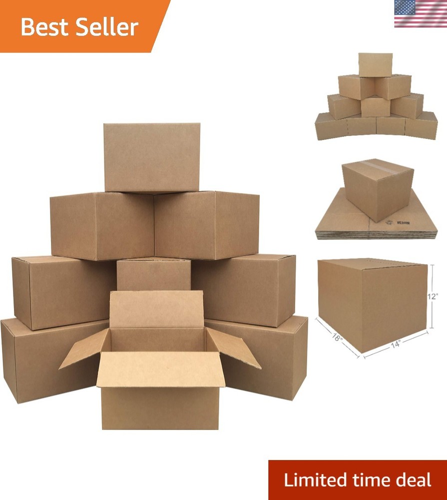 10-Pack Medium Cardboard Boxes for Packing & Moving, 18″x14″x12″ – Versatile Use
