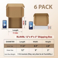 12x9x3 Shipping Boxes Set of 6, White Corrugated Cardboard Box for Packing, M…