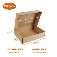 PHAREGE 12x9x3 inch Shipping Boxes 20 Pack, Brown Cardboard Shirt Gift Boxes wit