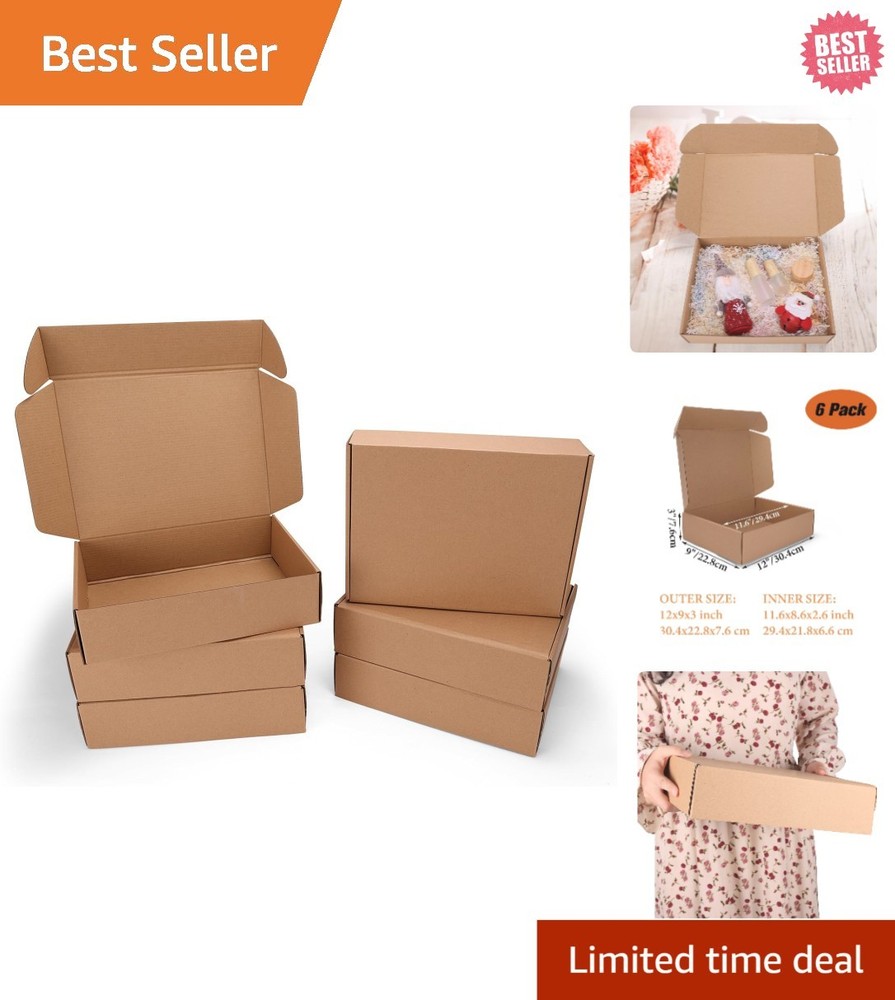 Lightweight 12x9x3 Inch Cardboard Boxes – 6 Pack for Easy Shipping and Wrapping
