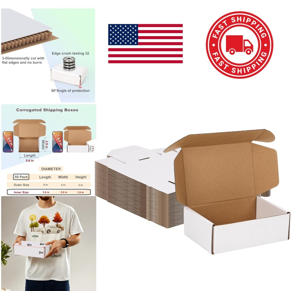 Pack of 50 Small Shipping Boxes 6x4x2 Inches White for Lightweight Items