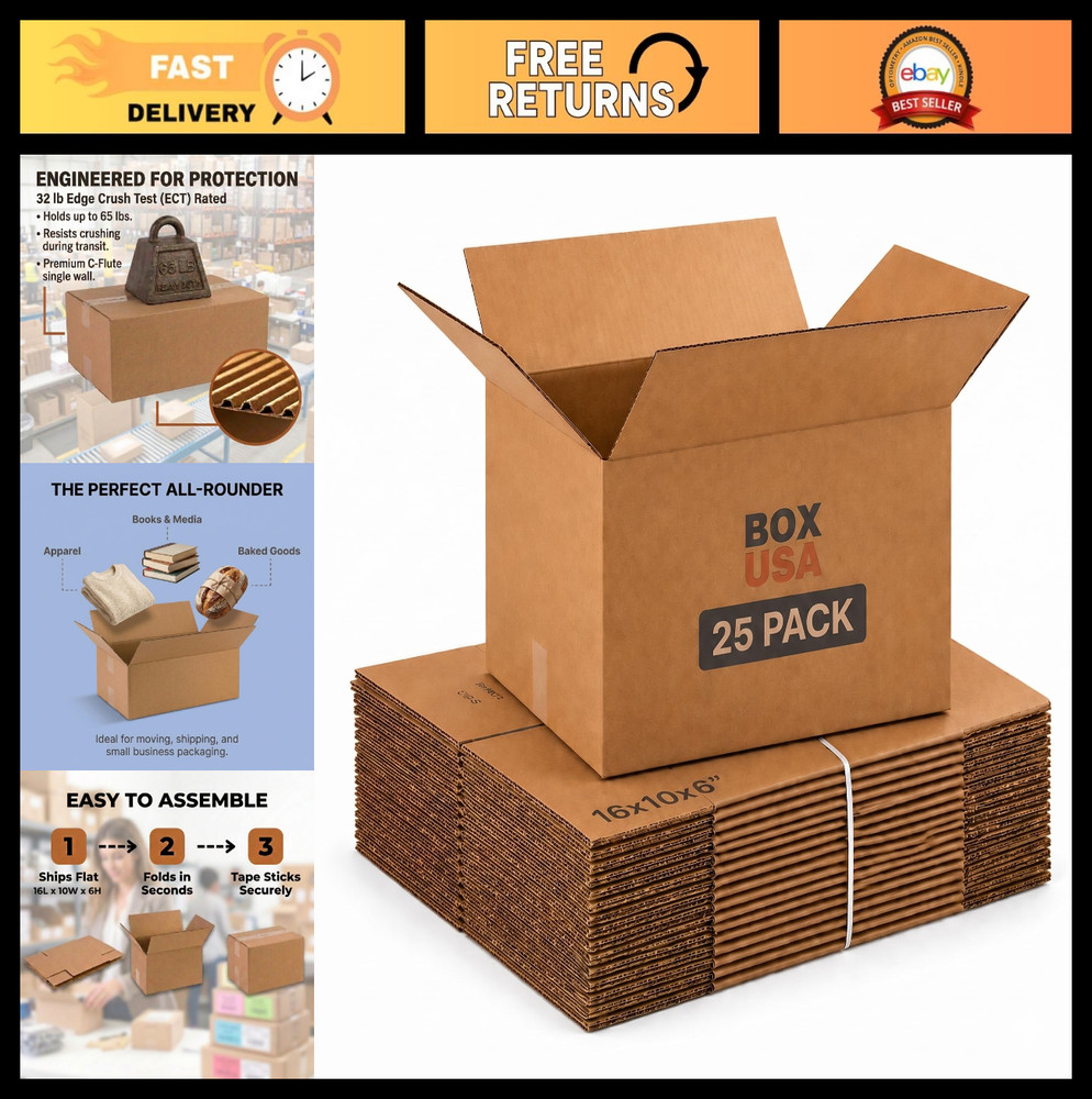 Medium Corrugated Shipping Boxes 16″x10″x6″ – 25-Pack for Mailing & Storage