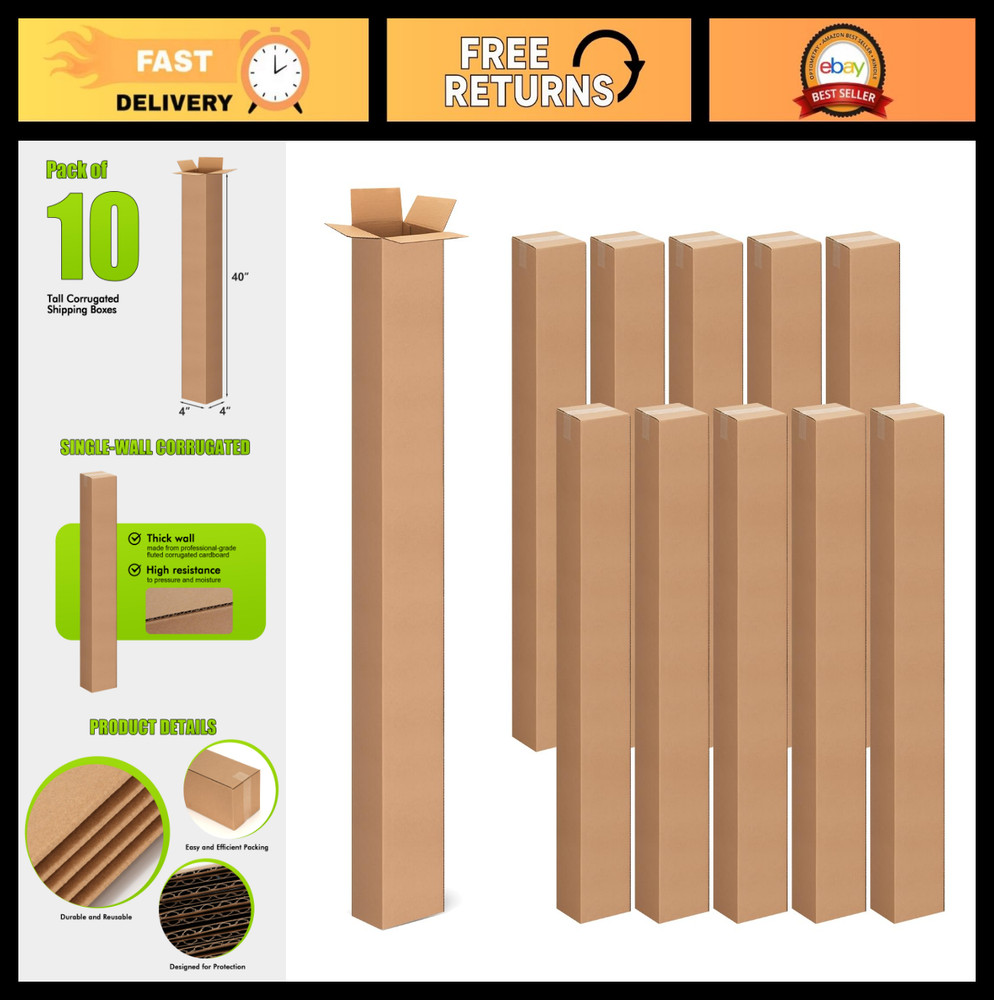 10 Pcs 4x4x40 Inch Tall Corrugated Shipping Boxes – Moving, Packaging, Mailing,