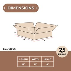 22 x 16 x 6″ Flat Corrugated Boxes, ECT-32 Brown Shipping/Moving Boxes 25/Bundle