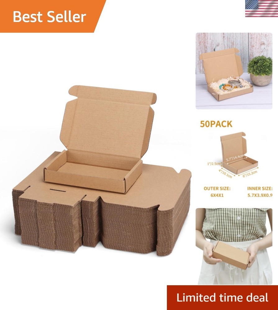 Flat Pack 50 Bulk 6x4x1 Inch Cardboard Mailer Boxes – Easy Fold Design