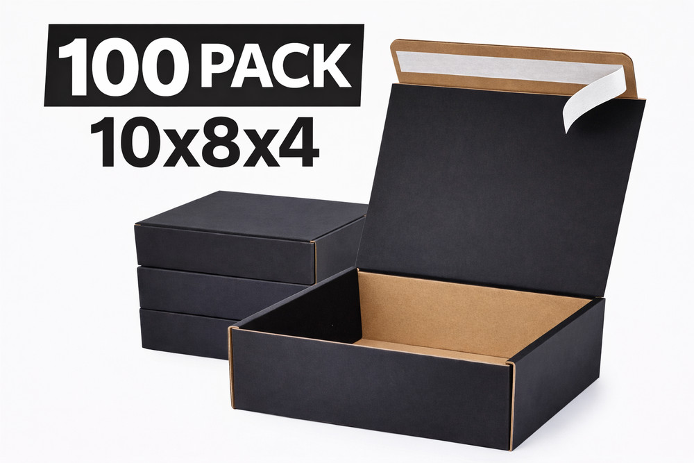 100 Black Mailer Boxes 10x8x4 Corrugated Shipping Boxes Self Seal