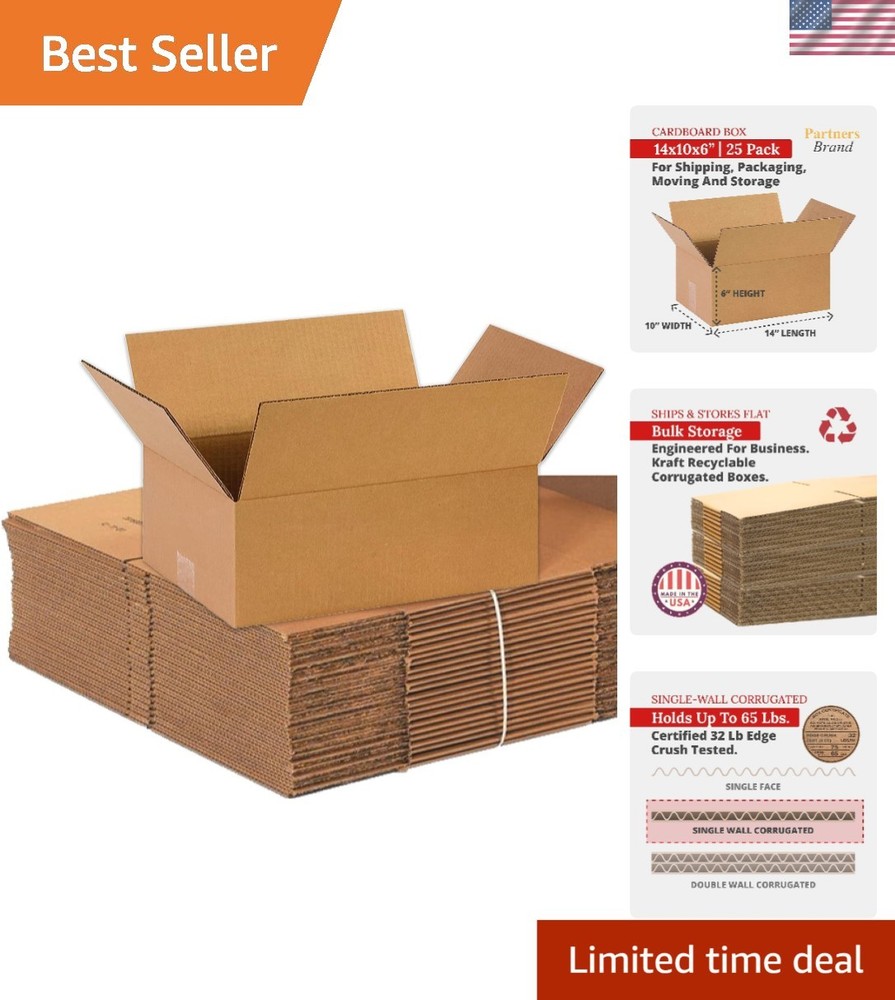 25-Pack of 14x10x6 Kraft Cardboard Boxes | Reliable Storage & Shipping Solution