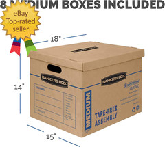 Medium Classic Moving Box 8 Pack, Reinforced Handles, Tape-Free Assembly, Box wi
