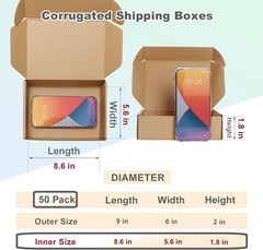 50 Pack Brown Corrugated Shipping Boxes 9x6x2 Inches