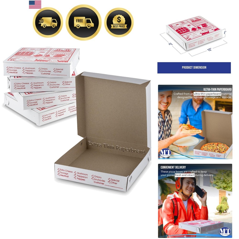 White-Red Pizza Box 12″ x 12″ x 2″ – Extra Thin Pizza Boxes with Design Pack …